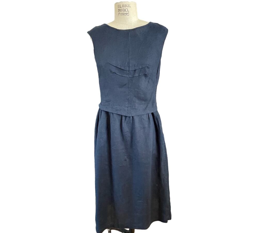YUVITA Navy 100% Linen Sleeveless Shift Midi Dress Size Small